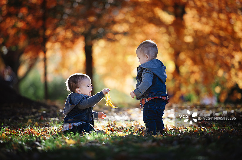 一对15个月大的异卵双胞胎正在和一个小男孩一起玩图片素材