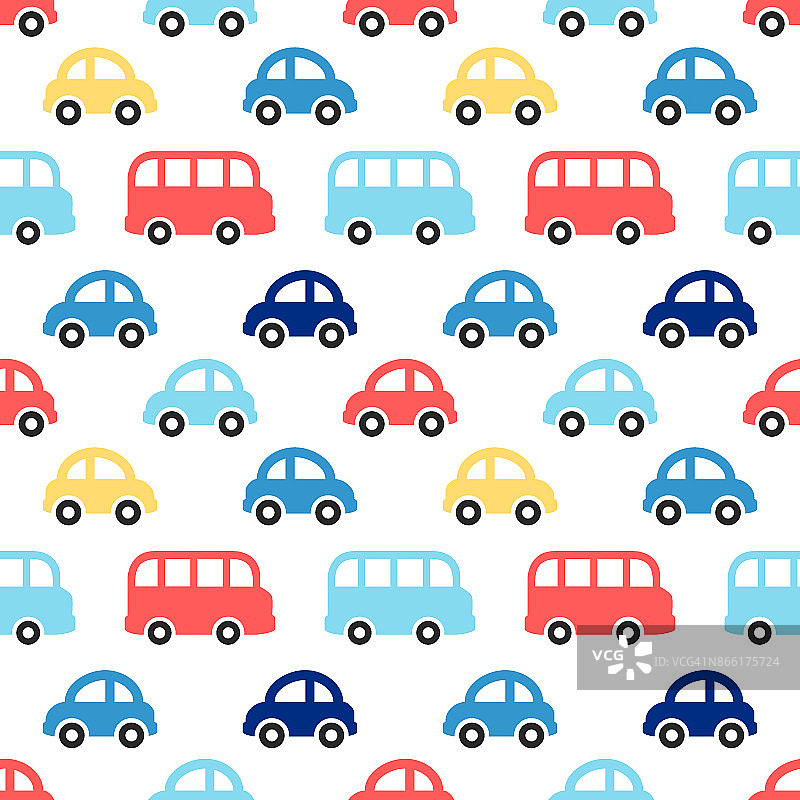 可爱的复古无缝男孩图案与五颜六色的汽车和公共汽车图片素材