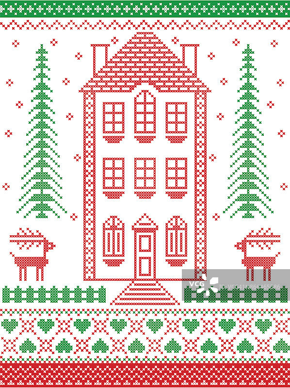 北欧风格，受北欧圣诞图案启发，在十字绣红，绿，白包括姜饼屋，雪花，心，栅栏，装饰无缝华丽的图案图片素材