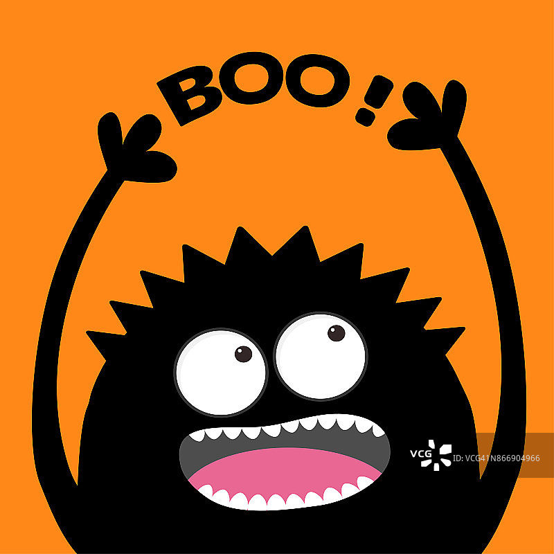 尖叫的怪物头剪影看着Boo短信。两只眼睛，牙齿，舌头，手。黑色滑稽可爱的卡通婴儿角色。万圣节快乐。平面设计。橙色背景。图片素材