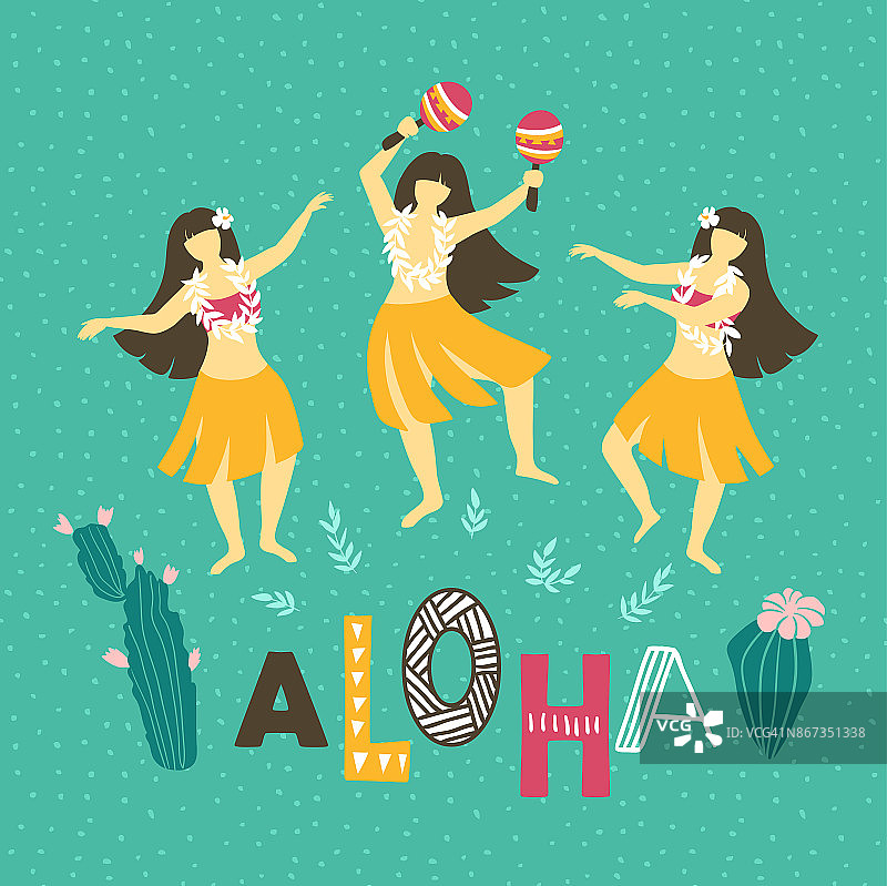 夏威夷矢量插图。夏季背景与跳舞女孩和字母-阿罗哈。明亮的民族设计。图片素材
