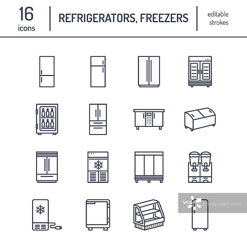 冰箱的平面线条图标。冰箱种类，冰柜，酒冷藏箱，商用主要电器，冷藏展示柜。细线形家居用品店标识图片素材