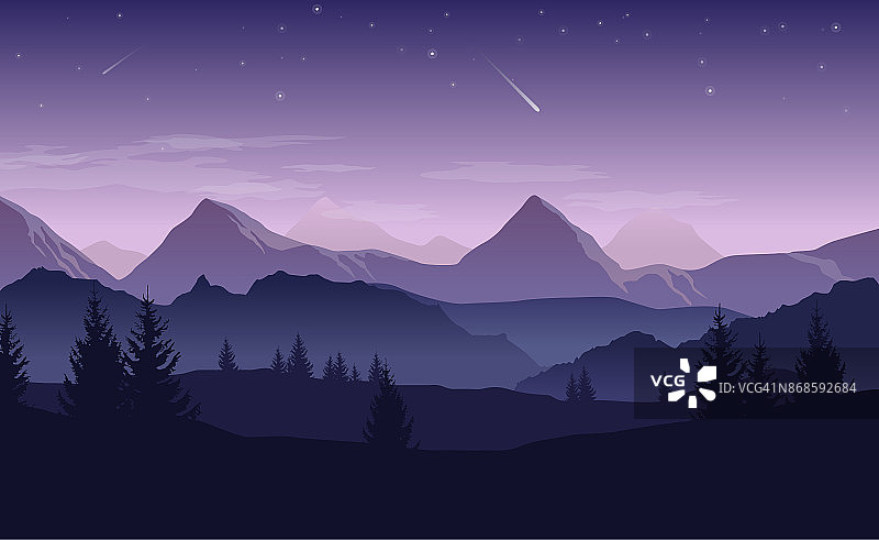 蓝色和紫色的风景与剪影的山，小山和森林和星星在天空矢量插图图片素材