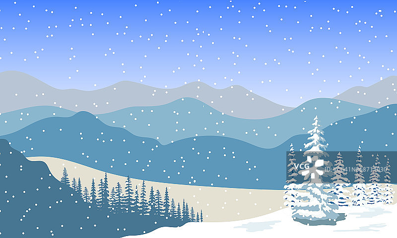 冬季景观与剪影的山，雪和森林在日出图片素材