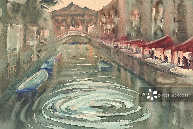 威尼斯傍晚的水彩画图片素材