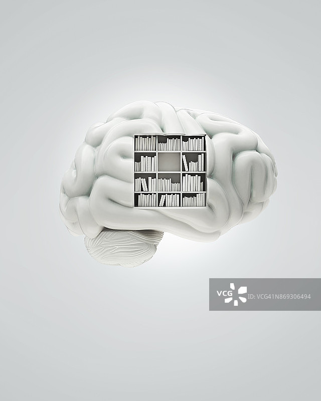 白色的大脑和一个书架图片素材