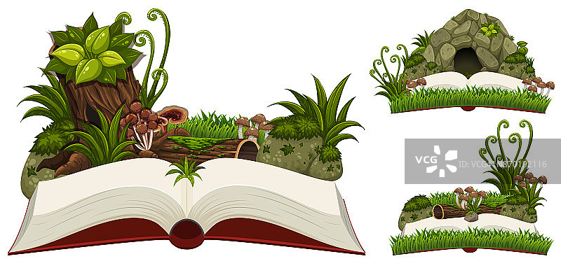 三本自然书，有洞穴和植物图片素材