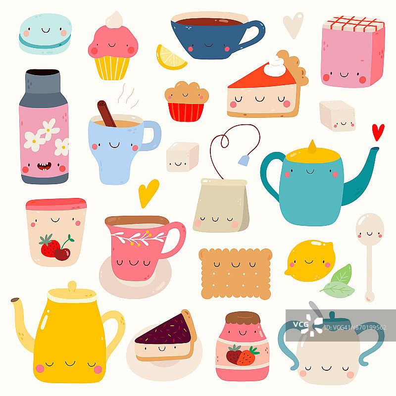关于茶和甜点的手绘笑脸符号。图片素材