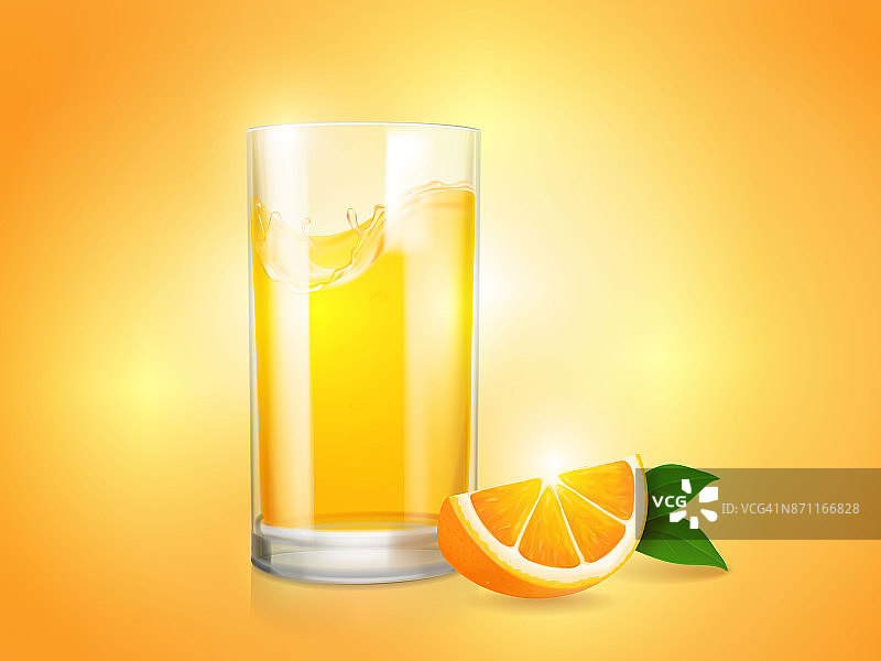 清新的橙色背景与玻璃和切片柑橘向量图片素材
