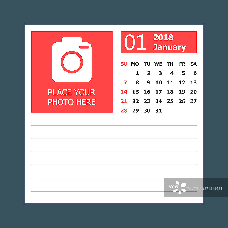 2018年1月日历。日历计划设计模板。一周从周日开始。业务矢量插图。图片素材