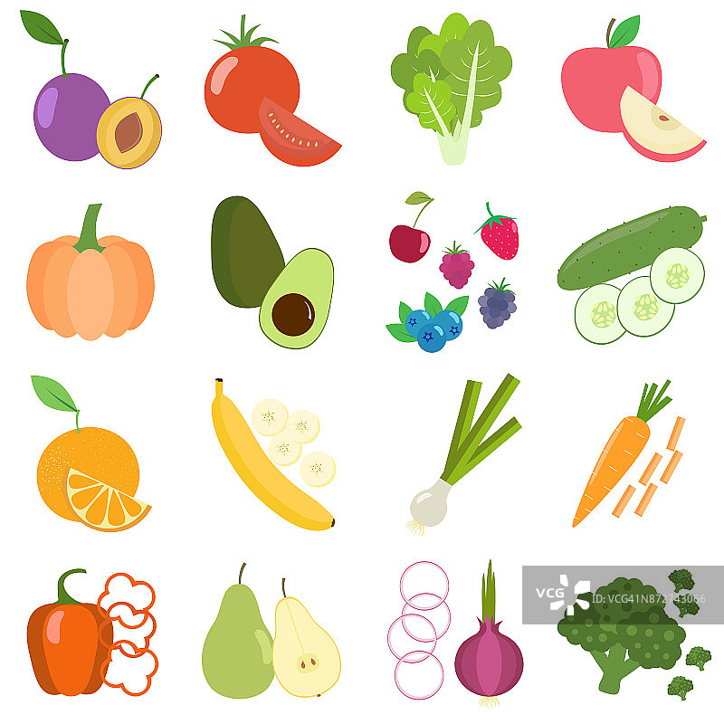 一套新鲜健康的蔬菜，浆果和水果。切片水果和蔬菜。平面设计。有机农场插图。图片素材