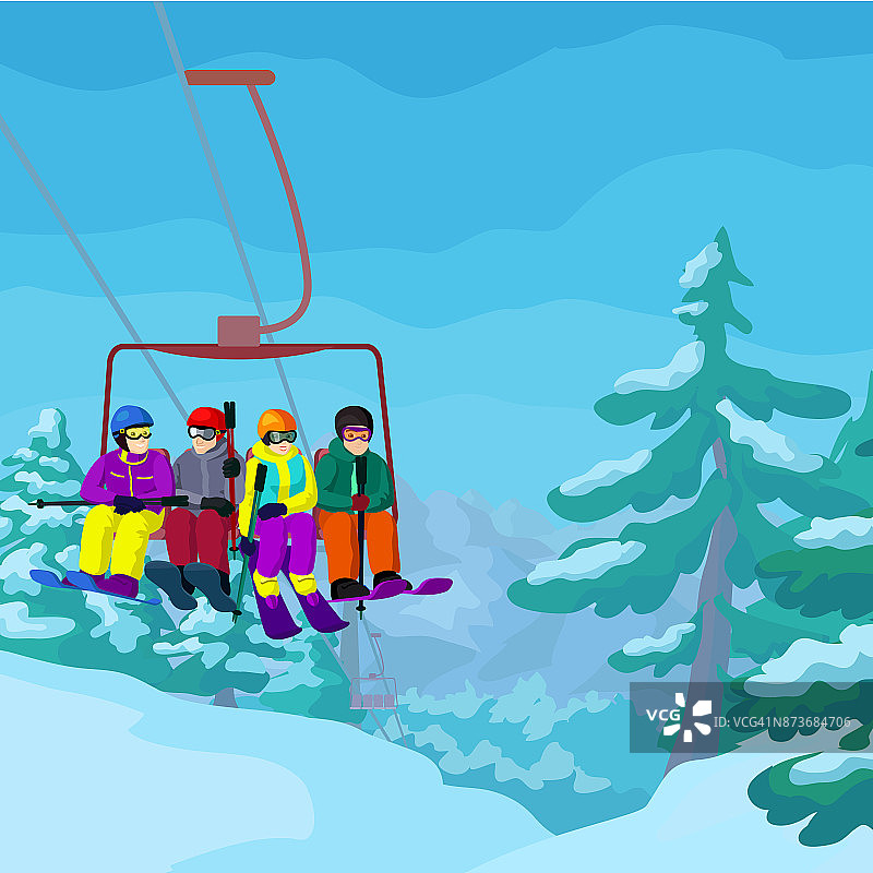 滑雪胜地卡通人物滑雪缆车以山、杉树、雪和人的滑雪缆车为景观载体图片素材