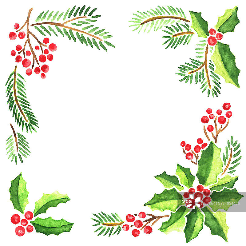 水彩框架的圣诞常绿植物。用槲寄生、冷杉树枝和冬青树的红浆果作装饰图片素材