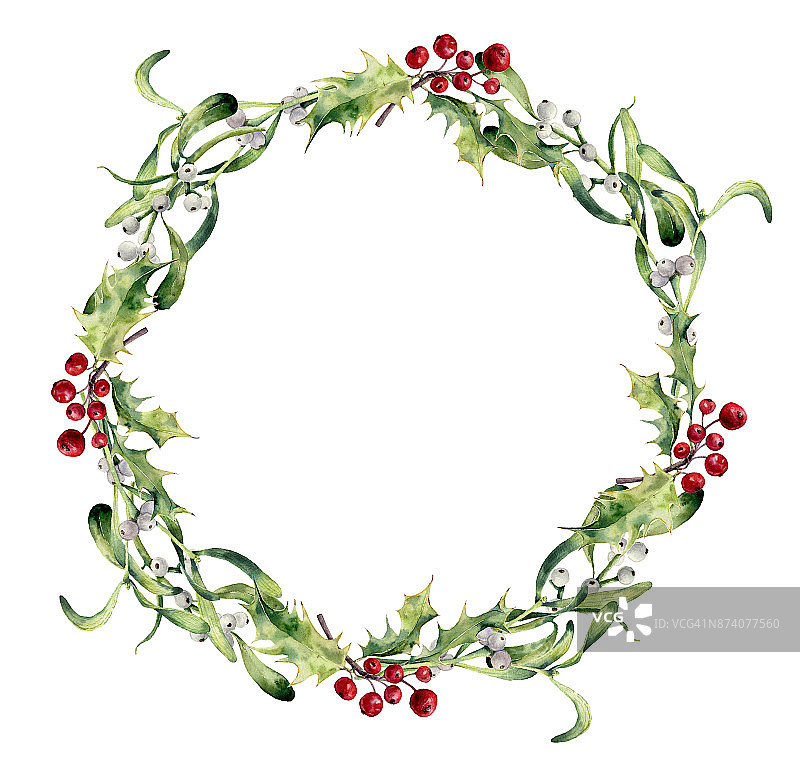 水彩冬青和槲寄生花环。手绘边花枝和白色浆果孤立在白色背景。圣诞剪辑艺术设计或打印。节日植物。图片素材