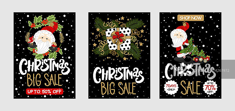 设置圣诞出售卡与圣诞老人和手绘字母文本图片素材