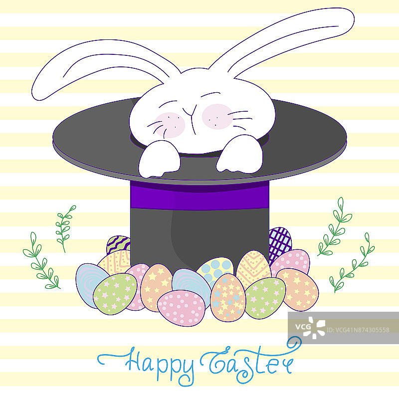 可爱的小兔子戴着一顶魔法帽子，戴着装饰好的复活节彩蛋。复活节快乐概念，矢量插图。图片素材