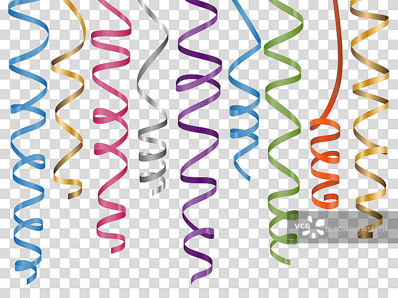 彩色卷曲的丝带设置在透明的背景图片素材