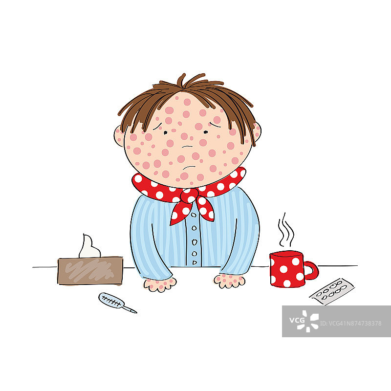 患有水痘、麻疹、风疹或皮疹的病童站在桌子后面，拿着热茶、药品、体温计和手绢——手绘原图图片素材