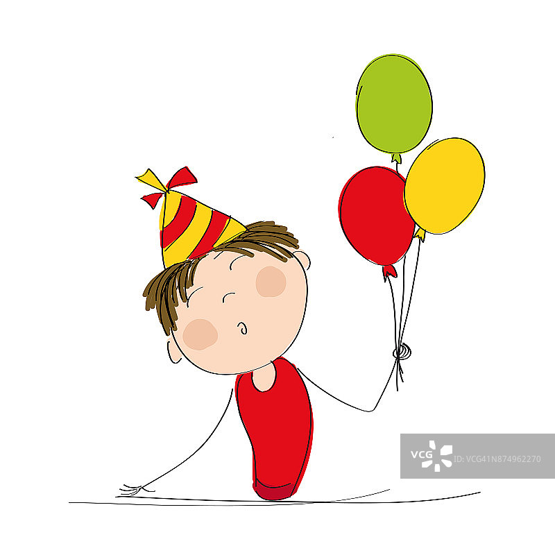 快乐的男孩与彩色气球和派对帽子庆祝他的生日-原创手绘插图图片素材