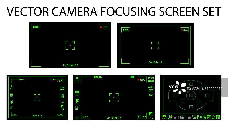 现代相机对焦屏幕设置为5合一包-数码，无反光镜，单反。黑色和绿色取景器相机记录隔离。矢量图图片素材