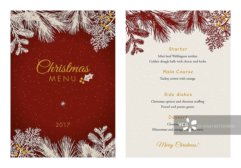 圣诞菜单与白色常绿剪影。图片素材