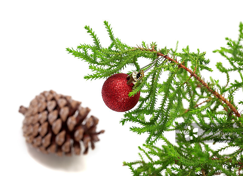 装饰家用圣诞树的树枝，有圣诞树球和大松果图片素材