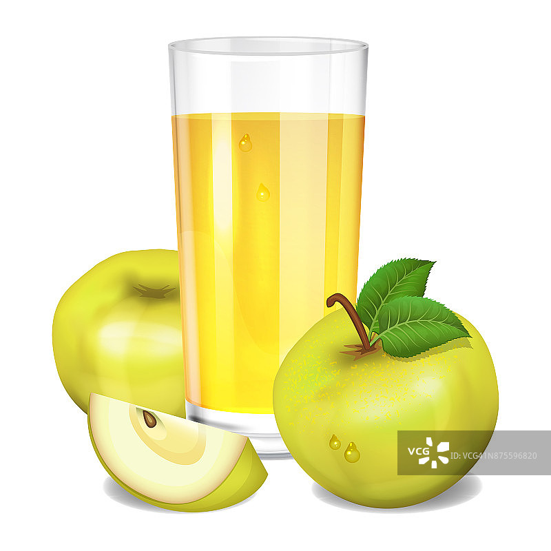 玻璃杯里的新鲜苹果汁，黄色的苹果和一块苹果。逼真的透明高杯果汁，矢量插图上的白色背景。图片素材