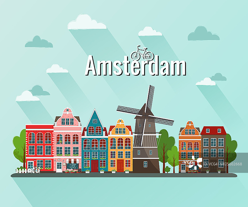 阿姆斯特丹的矢量插图。古老的欧洲城市。图片素材