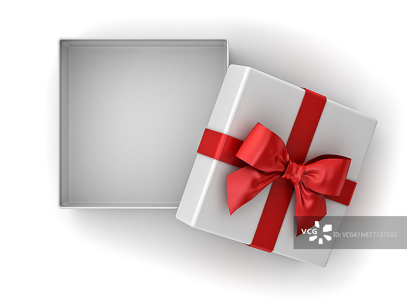 打开礼物盒，圣诞礼物盒用红色丝带蝴蝶结和空白的盒子孤立在白色的背景与阴影图片素材