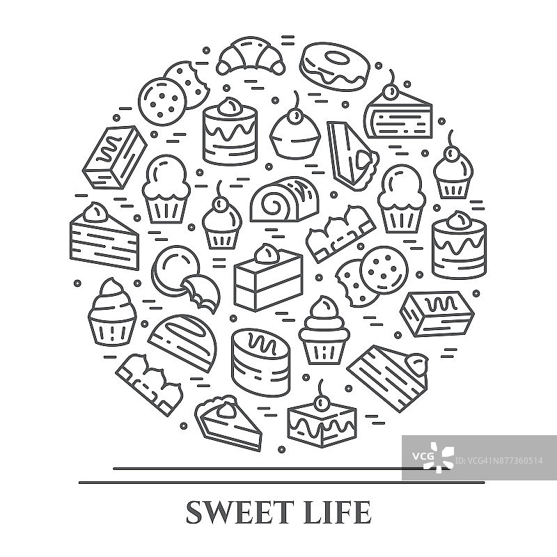 蛋糕和饼干主题横旗。饼、布朗尼、饼干、提拉米苏、面包卷和其他甜点相关的象形文字画出符号简单的轮廓可编辑的笔触图片素材