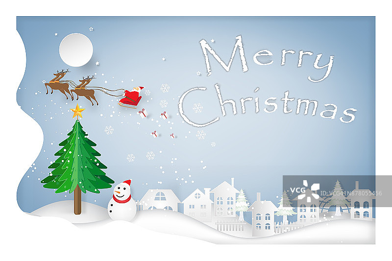 圣诞老人在雪橇上、驯鹿上、圣诞树上、雪人在雪花上以冬日为背景，以欢乐的圣诞文字作为节日的背景，以纸艺术和工艺的风格概念来表达圣诞节的美好。矢量插图。图片素材
