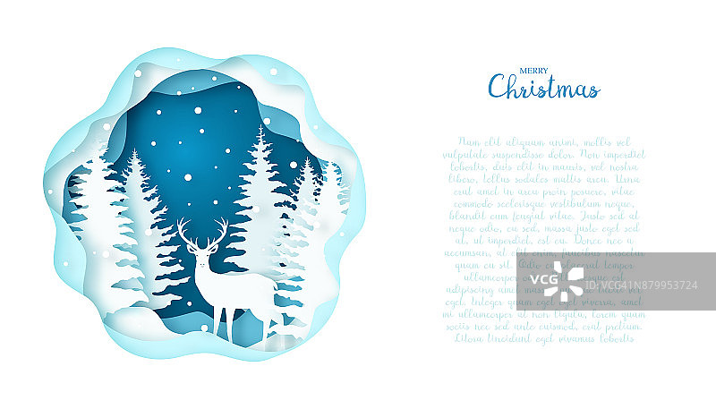 一张森林里的斯堪地那维亚鹿的贺卡。纸艺术。圣诞快乐。图片素材