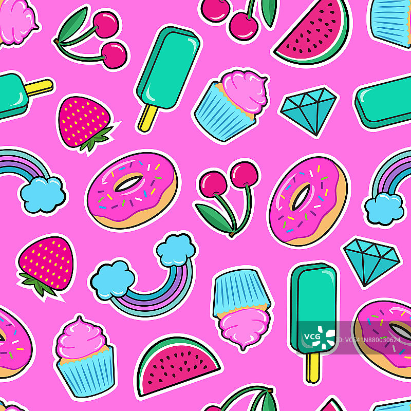 可爱的无缝图案与彩色补丁。冰淇淋、樱桃、草莓、彩虹、甜甜圈、纸杯蛋糕、钻石等粉底贴纸。图片素材