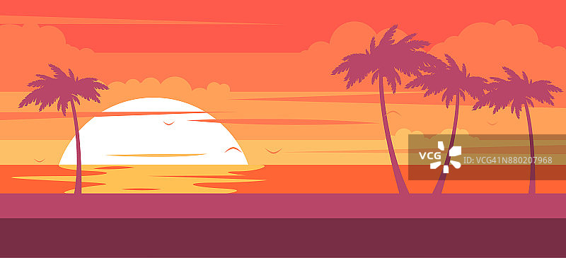 热带海滩，棕榈树和海滨避暑胜地日落图片素材