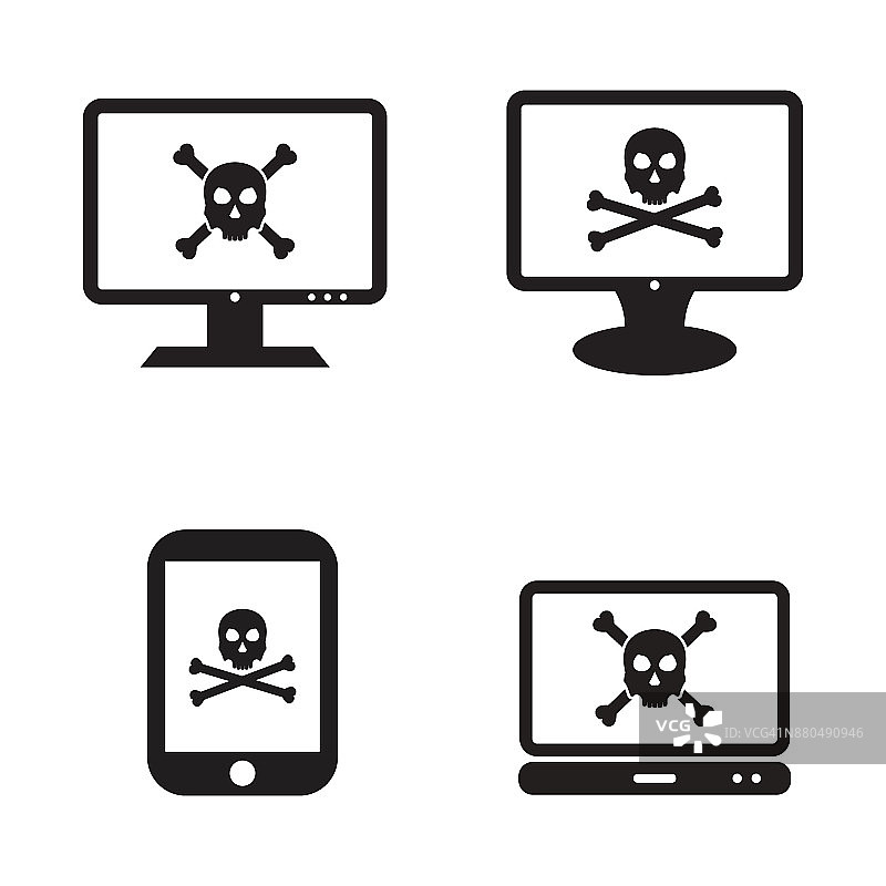 电脑和手机病毒骷髅和交叉骨头矢量图标集图片素材