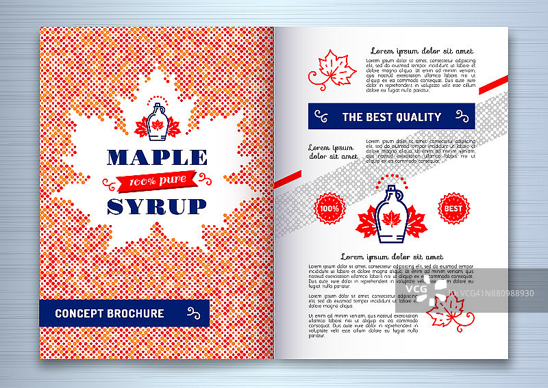 枫糖浆宣传册，传单模板设计A4。加拿大食品，美国传统产品，瓶子图标。彩色的枫叶剪影点，矢量插图图片素材