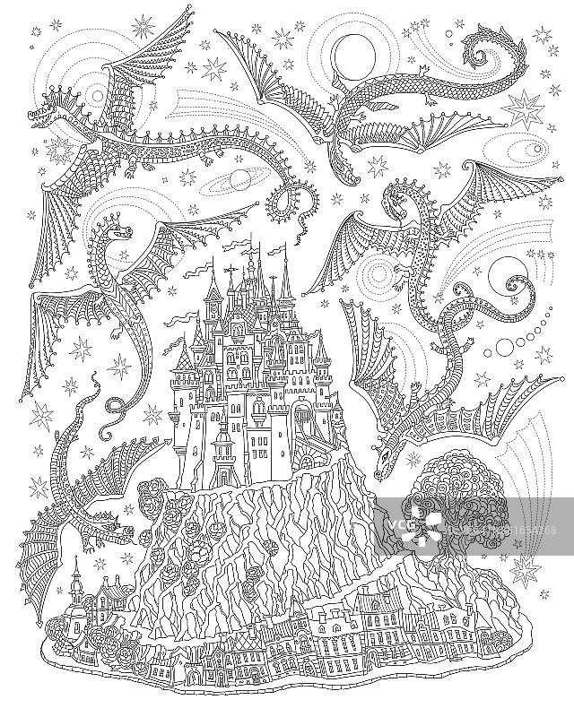 天空中有飞龙的梦幻景观。童话般的中世纪城堡，古老的房屋。t恤打印。专辑封面,卡。涂色书页为成人和儿童。黑色和白色图片素材