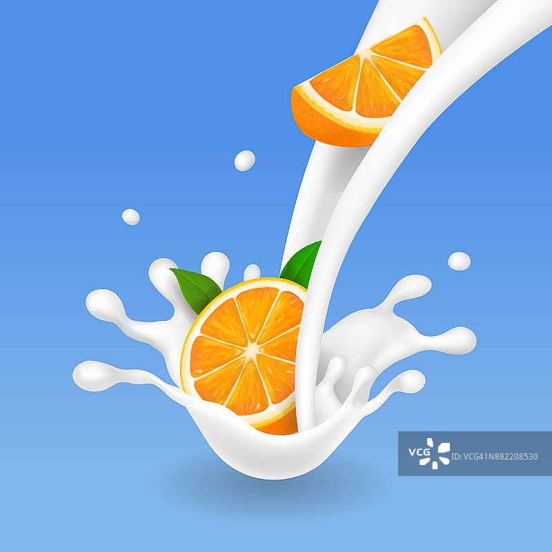橘子水果和牛奶喷溅。现实的向量图片素材