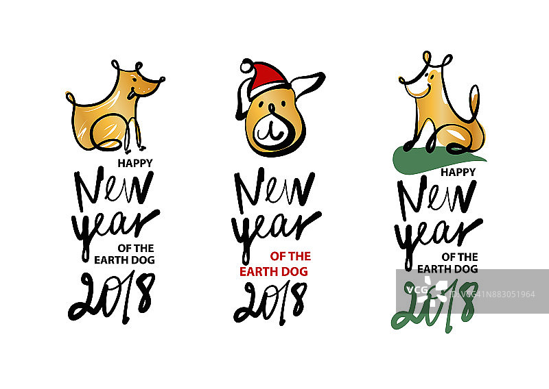 三只只小狗的素描形象。象征中国2018年新年快乐图片素材
