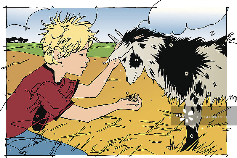 小男孩在喂山羊，彩色图片素材