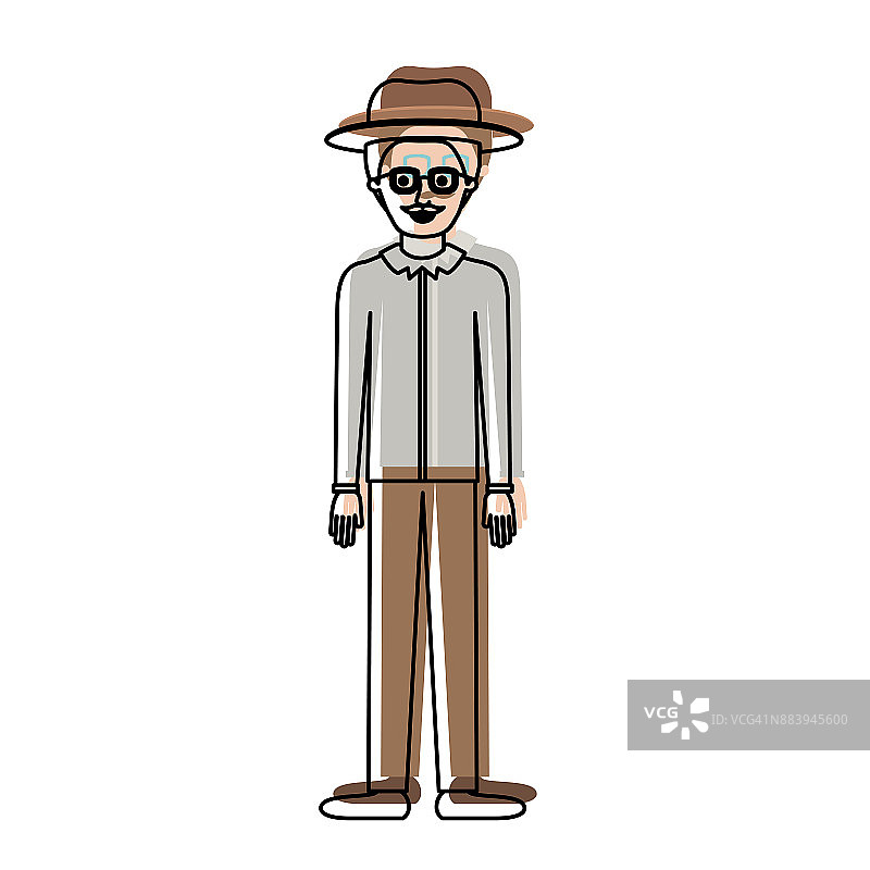 男人戴着帽子和眼镜，穿着衬衫、裤子和鞋子，留着短发和小胡子图片素材