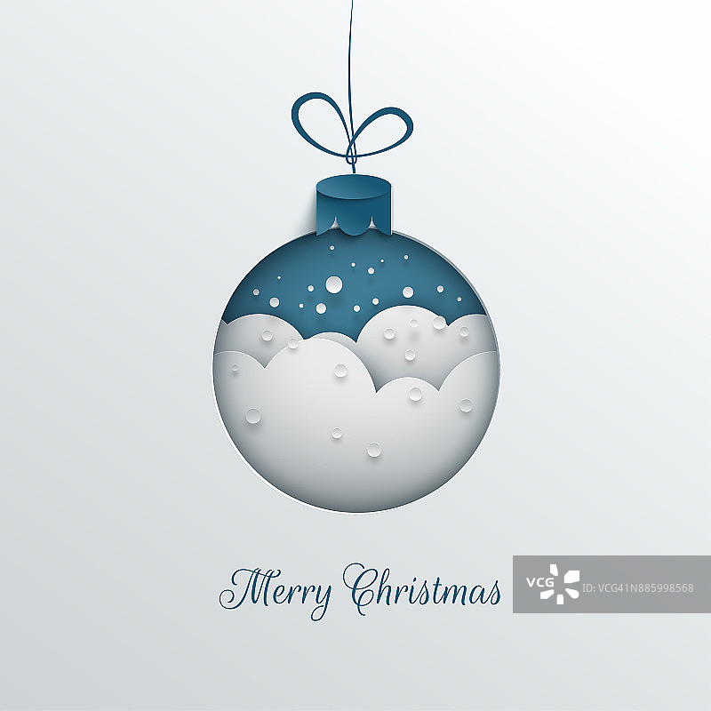 圣诞快乐节日设计，纸剪圣诞树玩具装饰用雪花，雪花上的蓝色背景为贺卡，横幅，海报，明信片，剪纸艺术风格，矢量图片素材