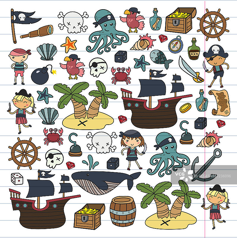 孩子们玩海盗的男孩女孩幼儿园，学校，幼儿园，万圣节晚会金银岛，海盗船，螃蟹，鹦鹉冒险旅行和有趣的生日邀请图片素材