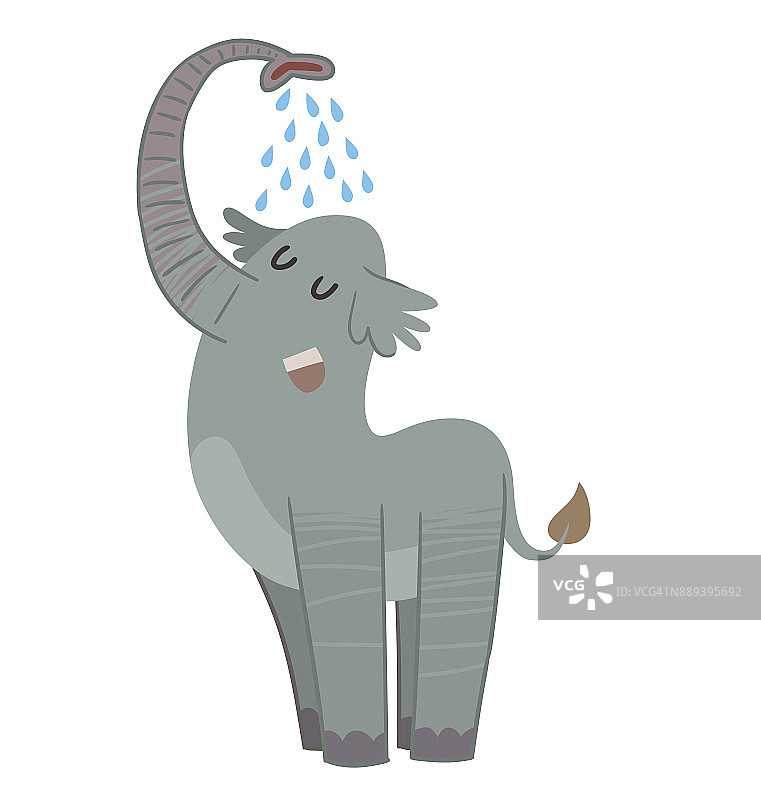 有趣的灰色大象在给自己浇水图片素材