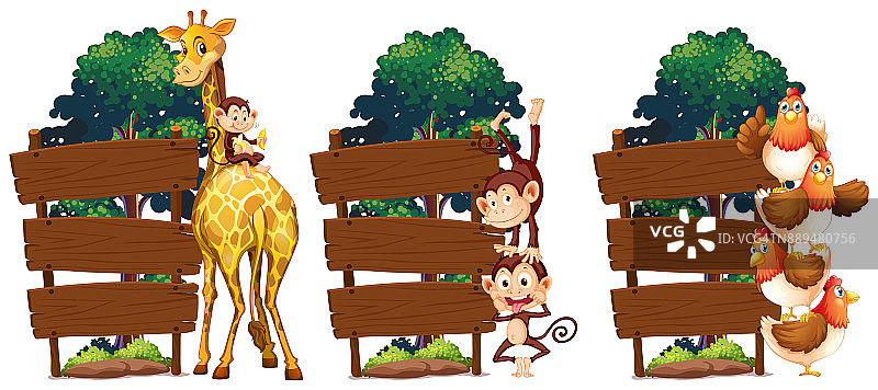 木制标志模板与长颈鹿和猴子图片素材