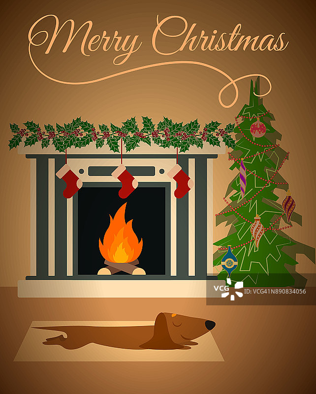 圣诞卡片:小狗正在壁炉旁边的地毯上睡觉，地毯上装饰着冬青、袜子和圣诞树图片素材