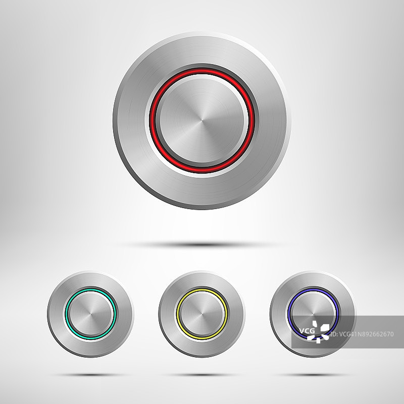 金属按钮设置孤立在灰色背景。矢量写实设计元素。图片素材