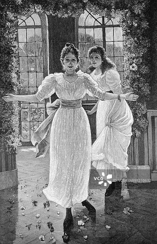 两个漂亮的白衣女孩在客厅跳舞- 1896图片素材