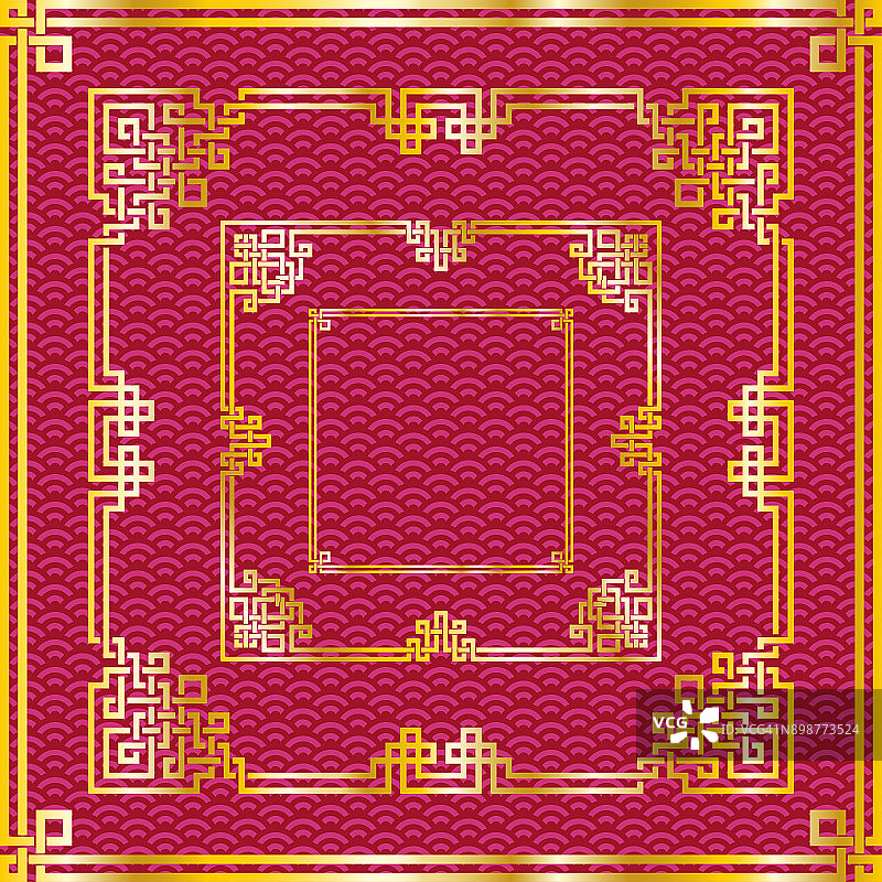 一套传统东方中国金方框架上的图案红色背景装饰。矢量，层是孤立的图片素材