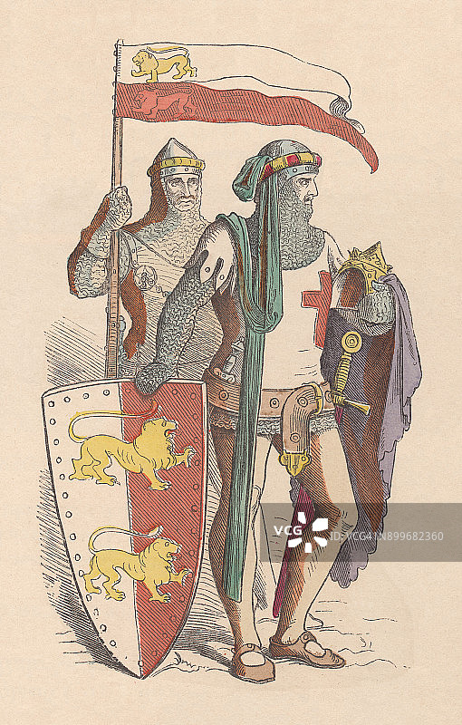 十字军东征，约13世纪，手工着色木刻，约1880年出版图片素材